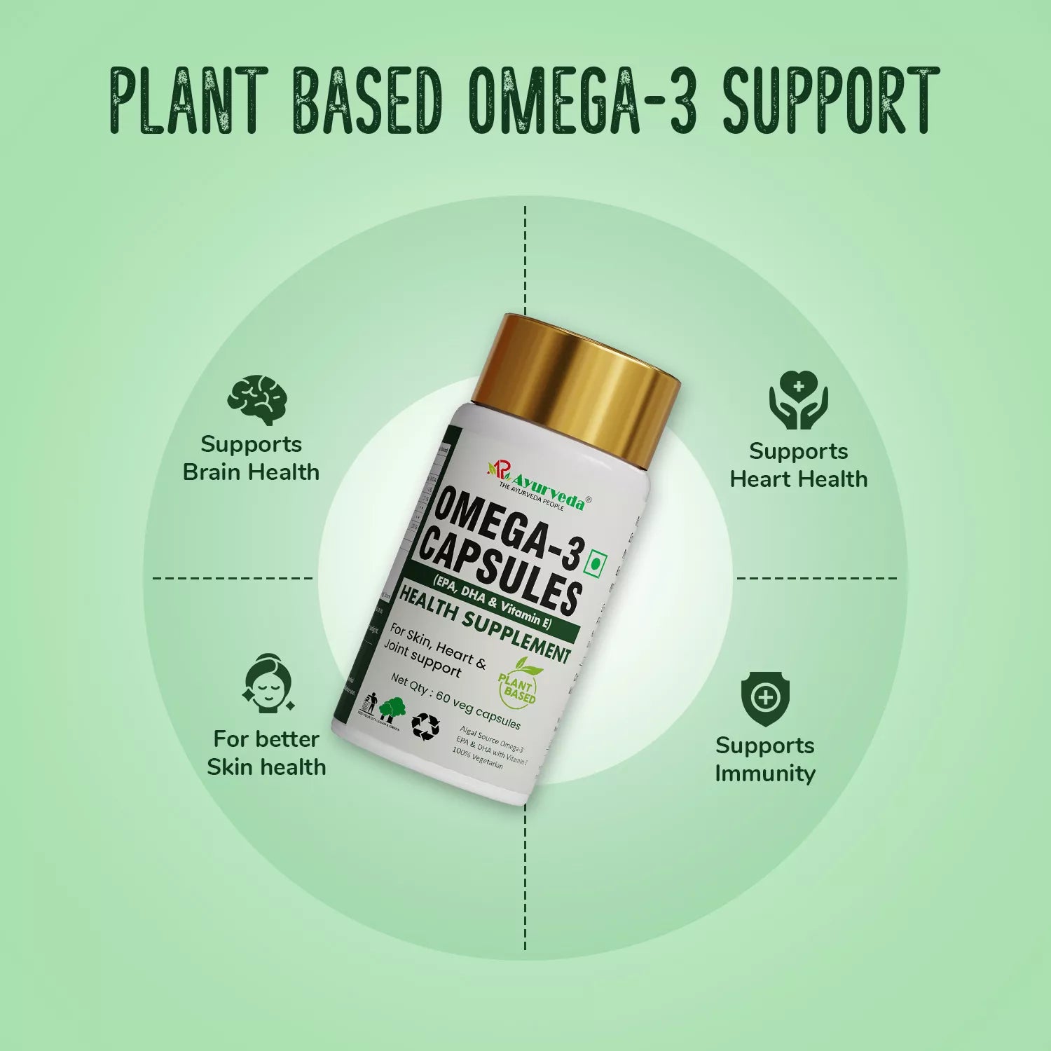 AR Ayurveda Omega-3 Capsules | Pure Vegetarian Supplement with EPA, DHA & Vitamin E