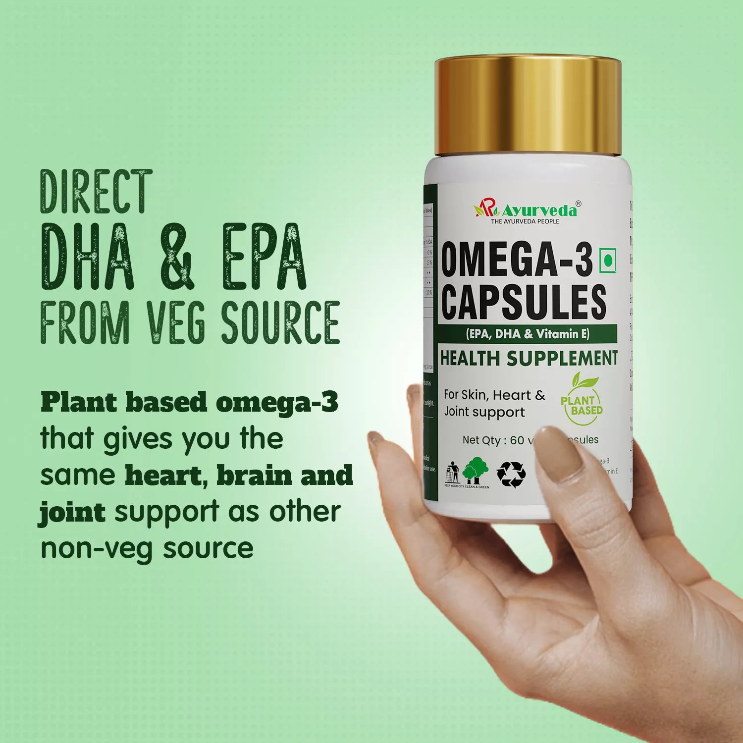 AR Ayurveda Omega-3 Capsules | Pure Vegetarian Supplement with EPA, DHA & Vitamin E