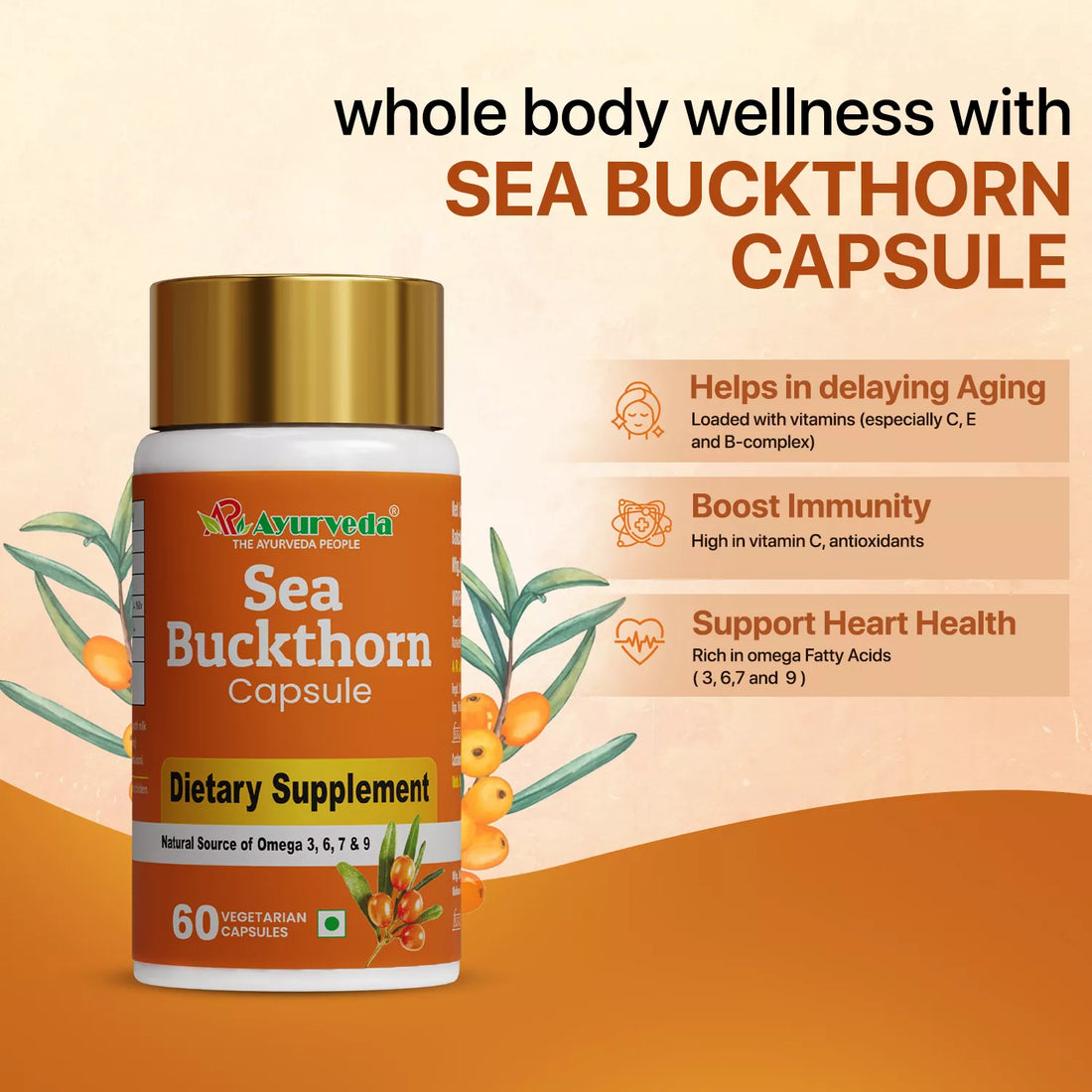 Sea Buckthorn Fruit Extract Capsules 800 mg-Natural Source of Omega 3, 6, 7, & 9