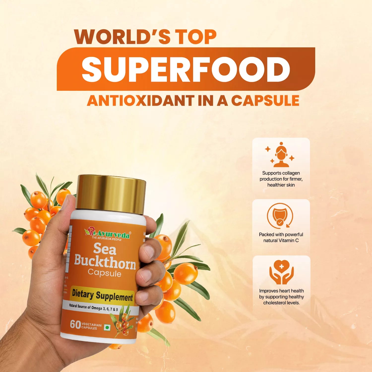 Sea Buckthorn Fruit Extract Capsules 800 mg-Natural Source of Omega 3, 6, 7, & 9