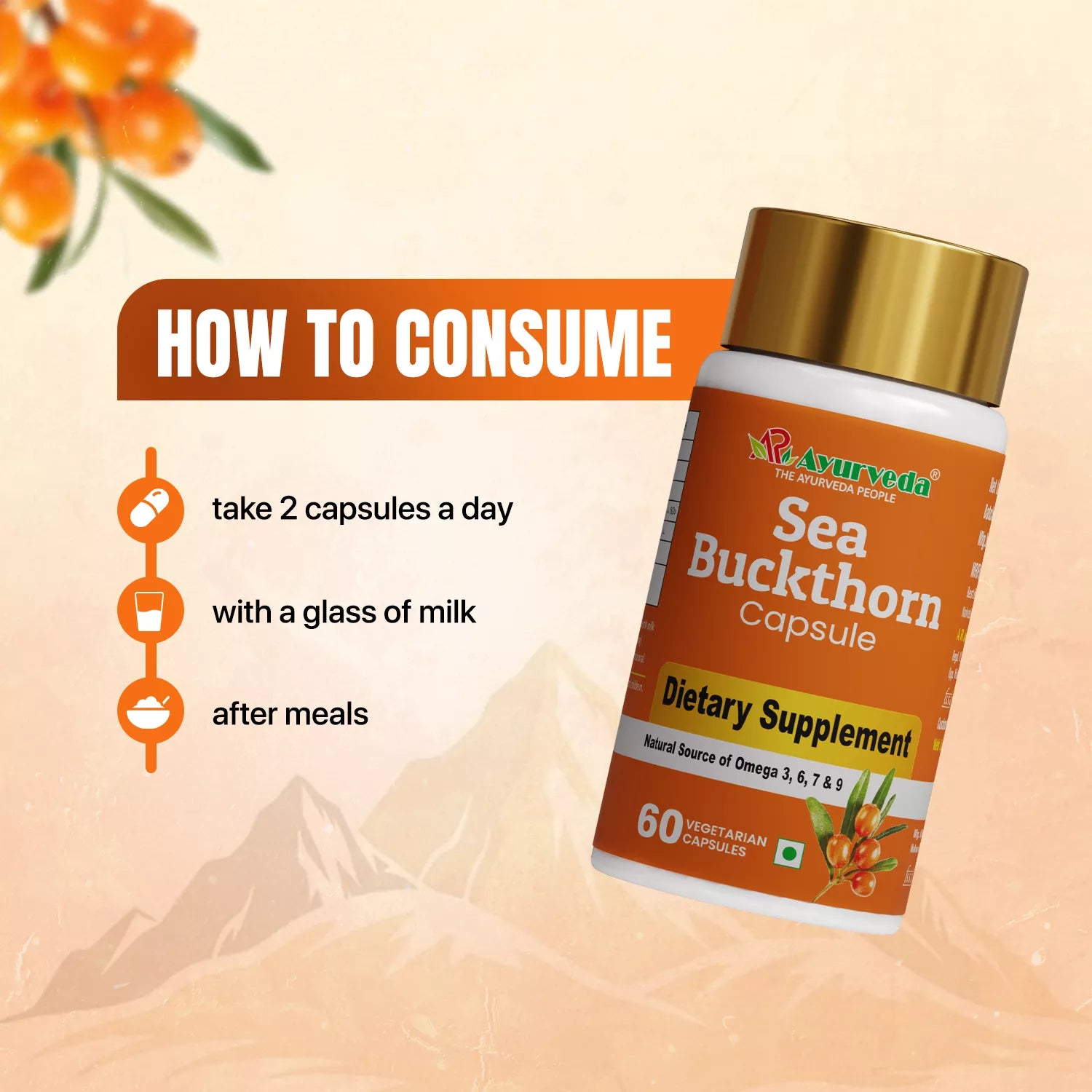 Sea Buckthorn Fruit Extract Capsules 800 mg-Natural Source of Omega 3, 6, 7, & 9